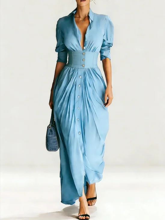 Casual Plain Buttoned Shirt Collar Maxi Dress No Belt