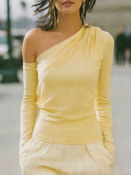 Urban Plain Ruched Asymmetrical T-shirt