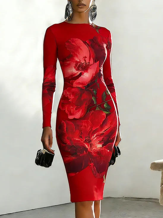 Elegant Floral Printing Crew Neck Knee Length Dress