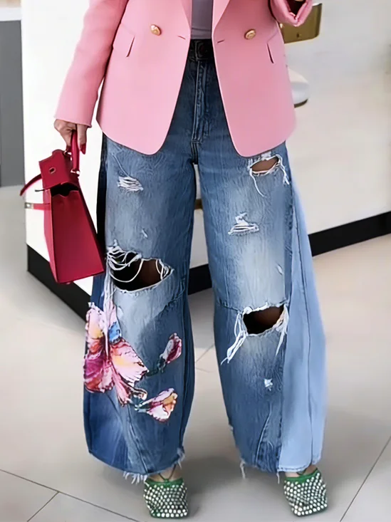 Denim Floral Ripped Urban  Jeans