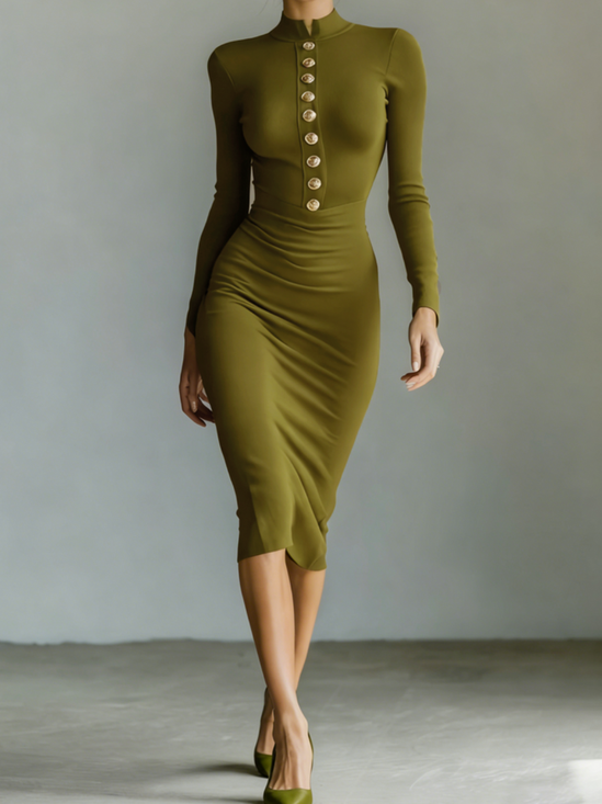 Elegant Plain Stand Collar Midi Dress
