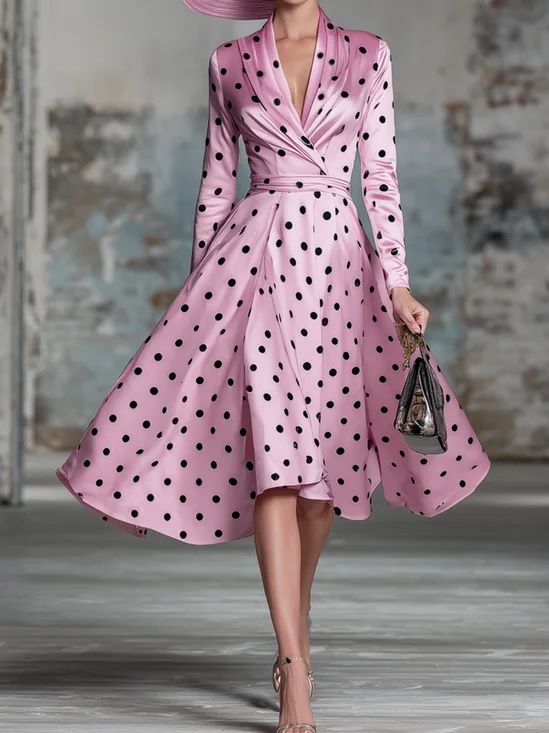 Elegant Polka Dots Printing V Neck Midi Dress