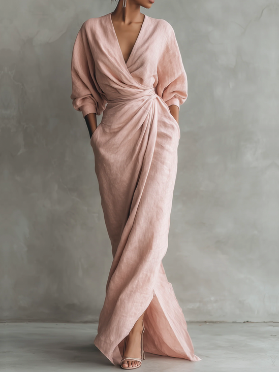 Vacation Plain V Neck Maxi Dress Belt