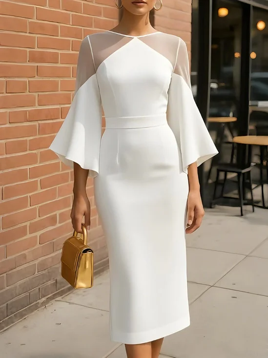 Elegant Plain  Mesh Crew Neck Three Quarter Sleeve Midi Dress