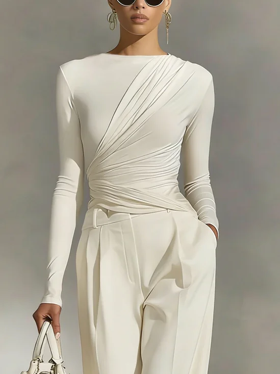 Cotton Urban Plain Ruched Mock Neck T-shirt