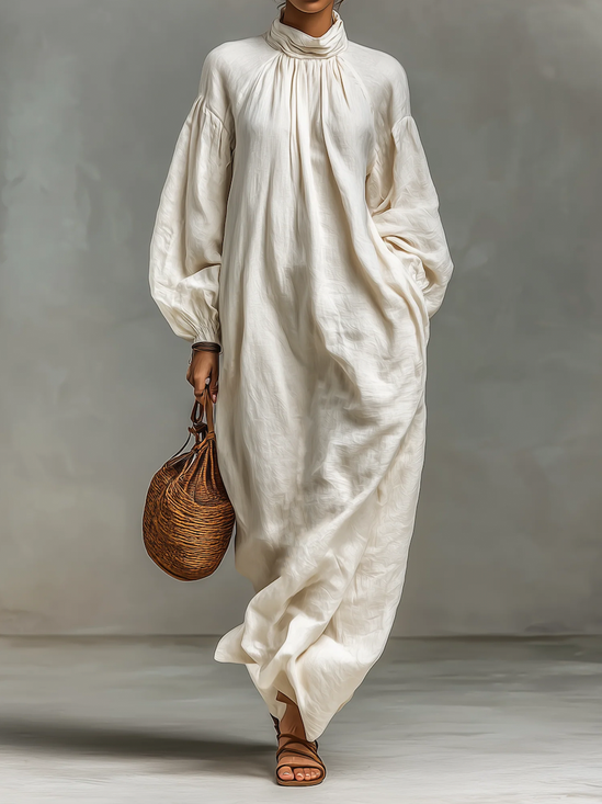 Vacation Plain Mock Neck Maxi  Cotton and linen Dress