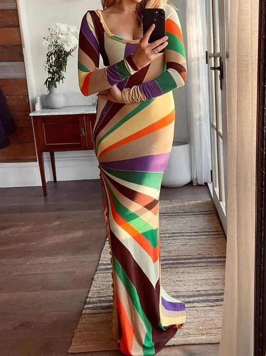 Elegant Colorblock Printing Square Neck Maxi Dress