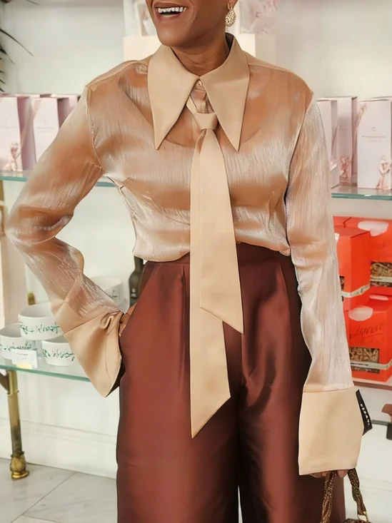 Satin Urban Plain Shirt Collar Shirt With Tie