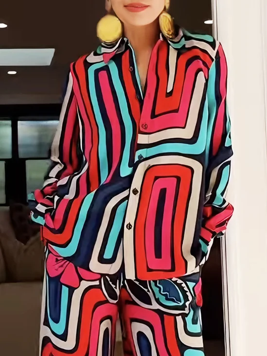 Urban Geometric Printing Shirt Collar  Shirt