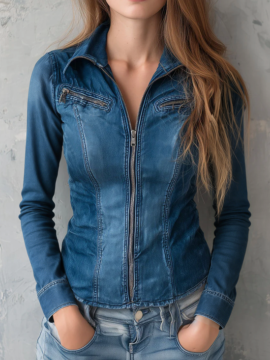 Urban Plain Zipper Shirt Collar Denim Shirt