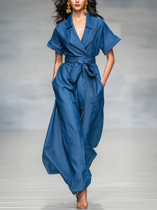 Elegant Plain Shirt Collar Faux Denim Maxi Dress With Belt