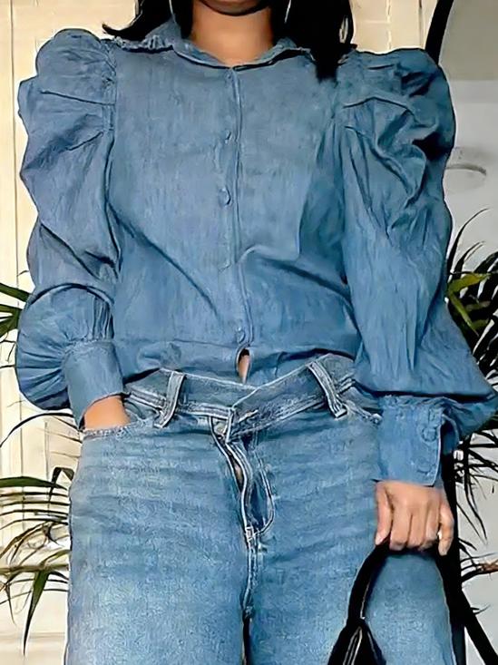Casual Plain Buttoned Shirt Collar Denim Shirt