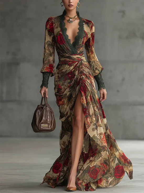 Elegant Floral Puff Sleeve Slit V Neck Party Maxi Dress