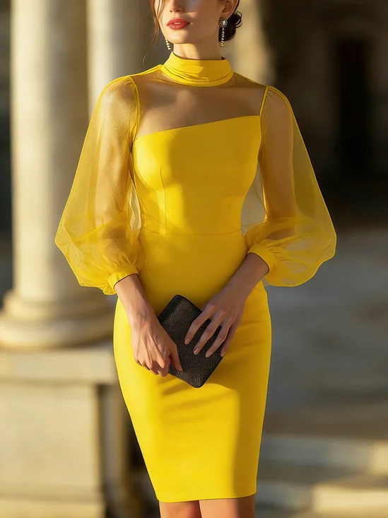 Elegant Plain Balloon Sleeve Split Joint Stand Collar Knee Length Dress