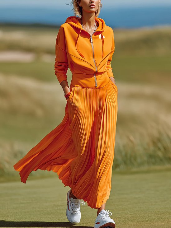 Casual Plain Pleated Hoodie Midi Dress