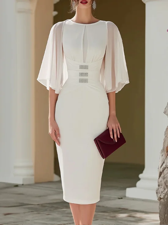 Elegant Plain Three Quarter Sleeve Crew Neck Midi Dress