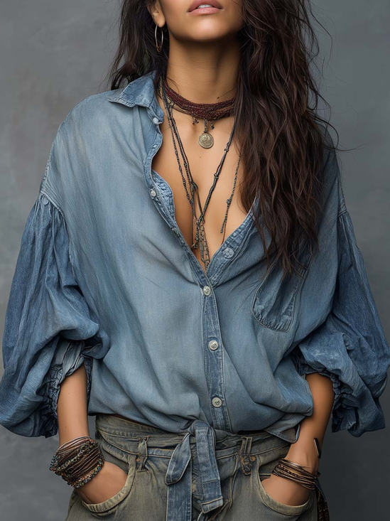 Denim Casual Plain Buttoned Denim Shirts