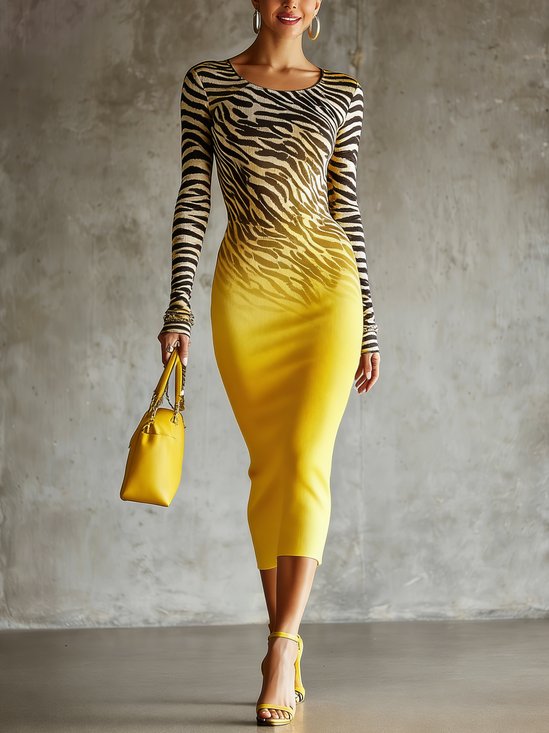 Urban Ombre Printing Crew Neck Midi Dress