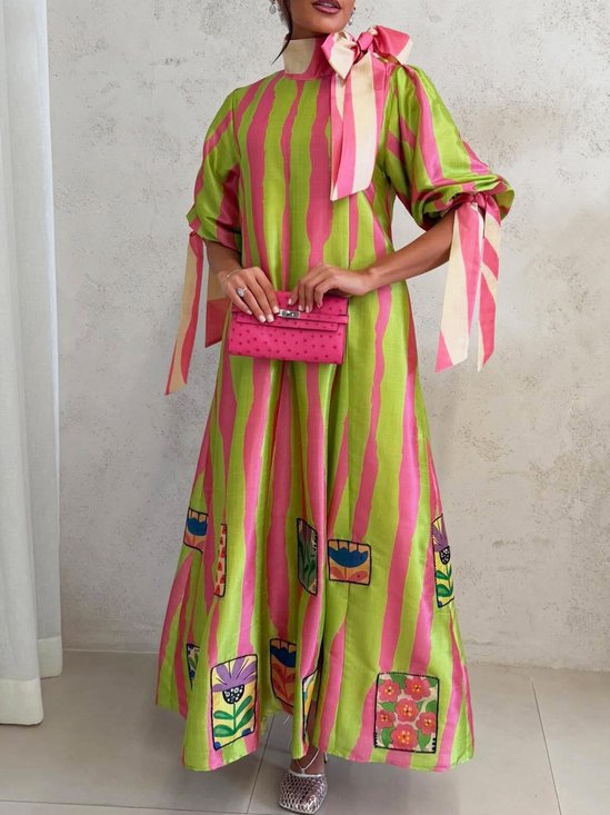 Vacation Striped Puff Sleeve Bow Stand Collar Maxi Dress