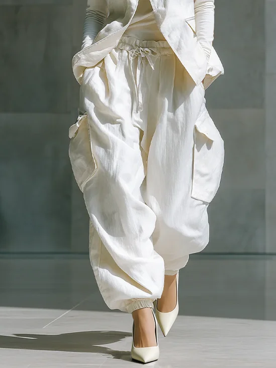 Casual Plain Cargo Cotton And Linen Pants