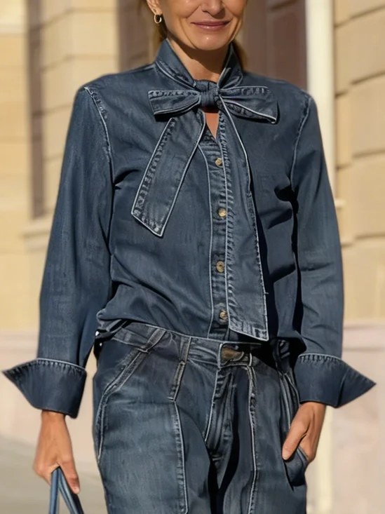 Denim Urban Plain Bow V Neck Shirt