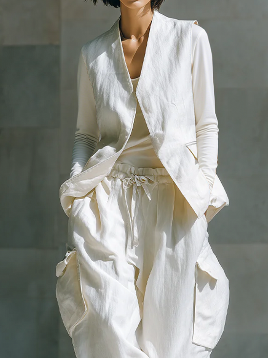 Casual Plain V Neck Cotton And Linen Vest
