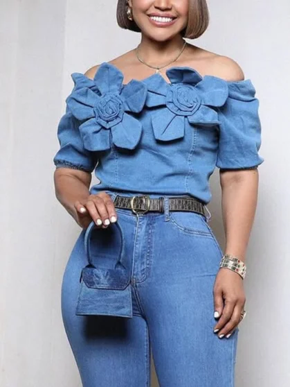 Urban Plain 3D Floral Off The Shoulder Denim Top