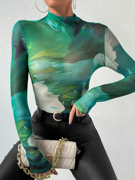 Mesh Urban Tie-Dye Pattern Printing T-shirt