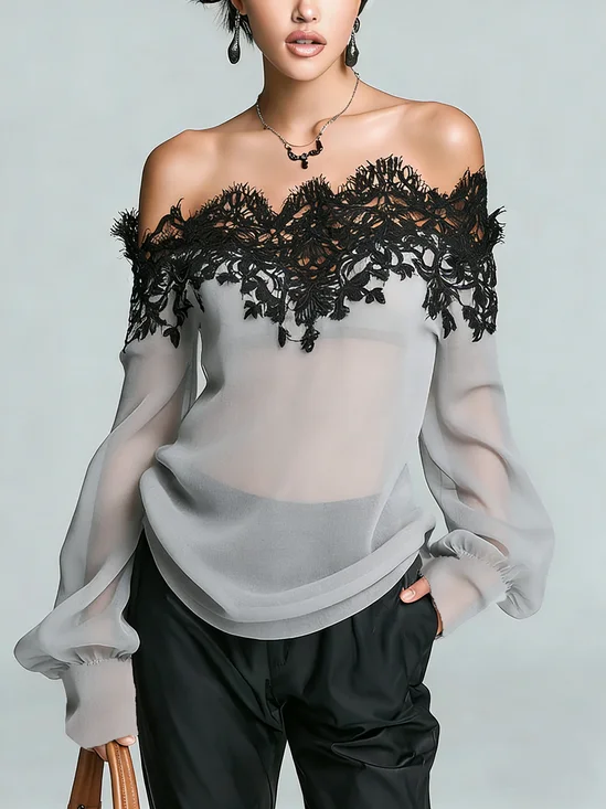 Elegant Color Block Split Joint Cold Shoulder Off Shoulder Sleeve Blouse