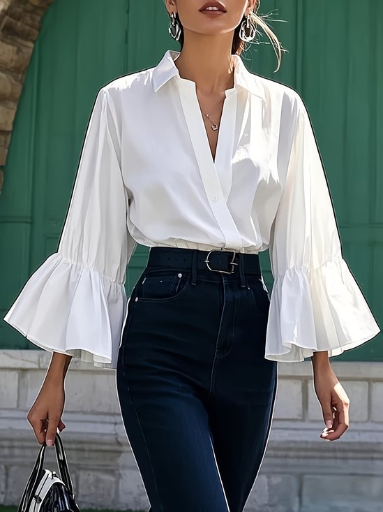 Cotton Urban Plain Shirt Collar Bell Sleeve Shirt