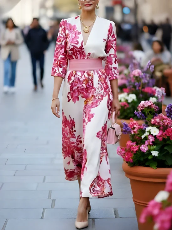 Elegant Floral  Printing V Neck Midi Dress With Belt