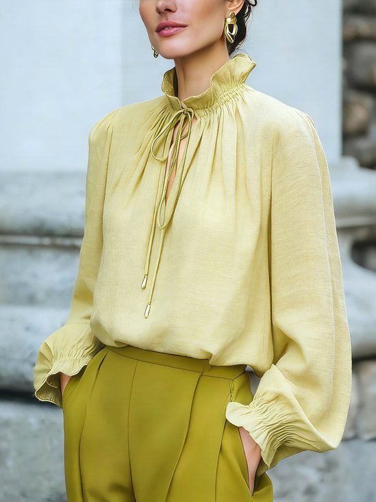 Cotton Elegant Plain Lace-up Tie Neck Balloon Sleeve Blouse