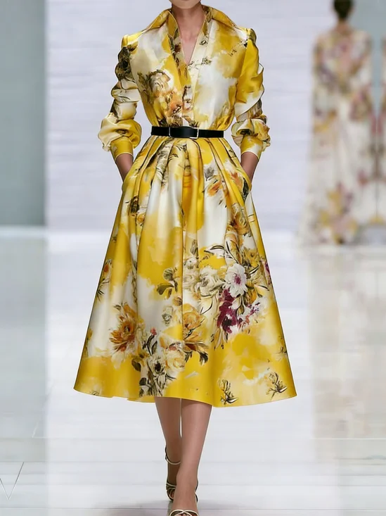 Elegant Floral Shirt Collar Midi Dress No Belt