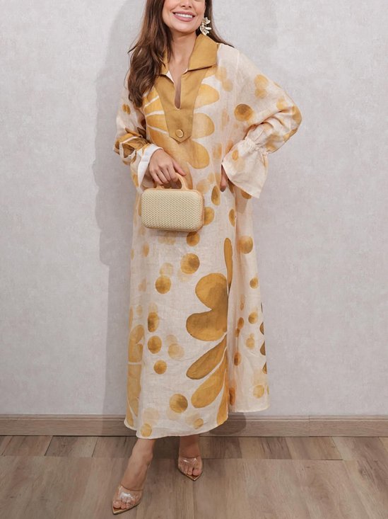 Vacation Floral Bell Sleeve Printing Shawl Collar Maxi Dress