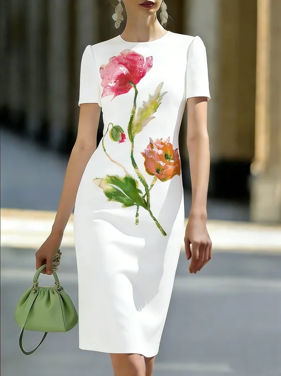 Elegant Floral Printing Crew Neck Knee Length Dress