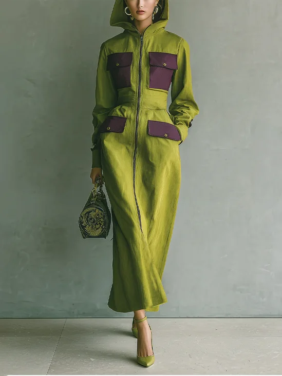 Cotton And Linen Casual Color Block Pockets Hooded Maxi Dress