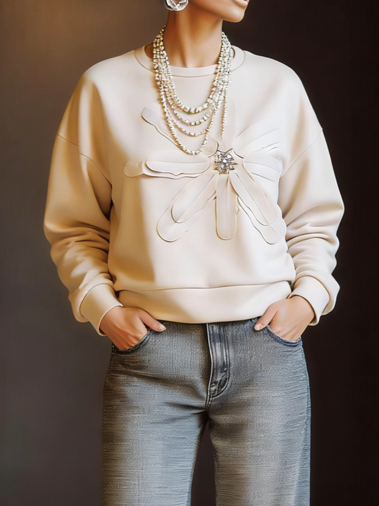 Casual Plain 3D Floral Crew Neck Sweatshirt