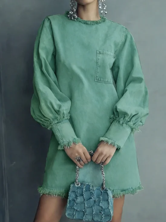 Casual Plain Crew Neck Mini Dress