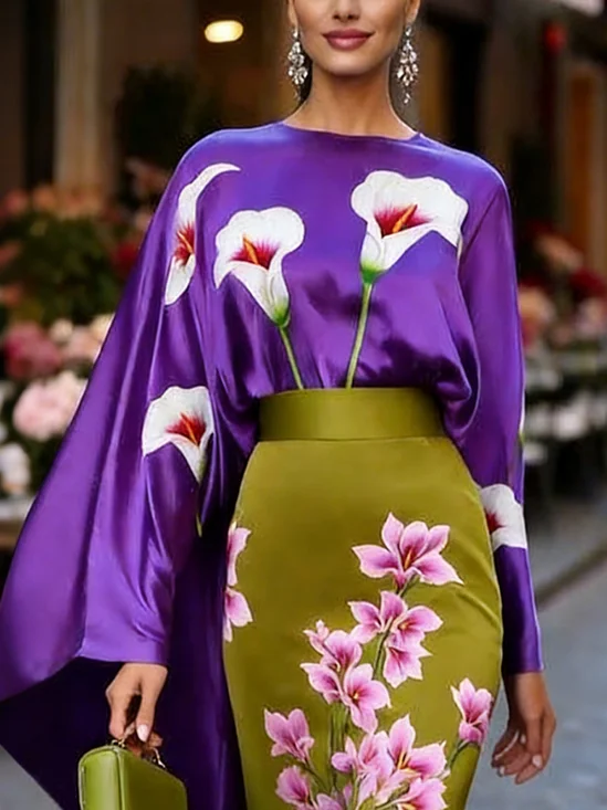 Satin Elegant Floral Printing Crew Neck Raglan Sleeves Blouse