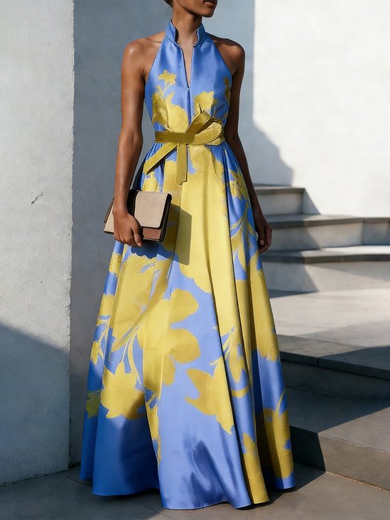 Elegant Floral Printing Stand Collar Party Maxi Dress With Belt