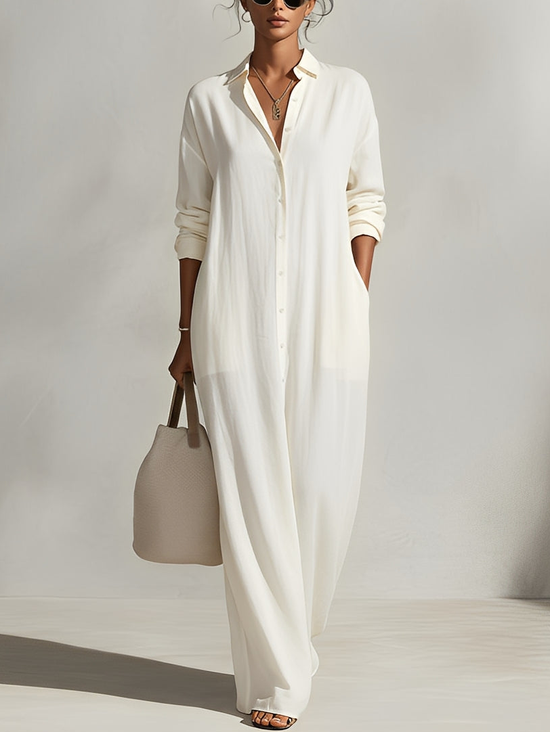Casual Plain Buttoned Shirt Collar Maxi Dress