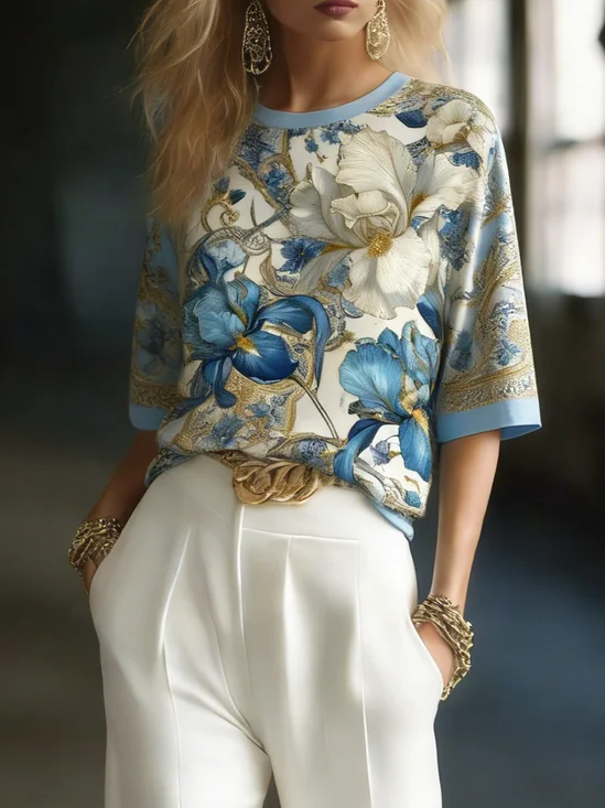Casual Floral Crew Neck T-shirt