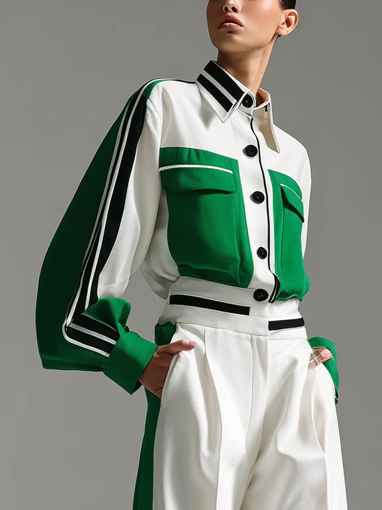 Casual Color Block Buttoned Mock Neck Shirt