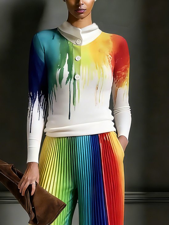 Casual Gradient Pattern Printing Mock Neck T-Shirt