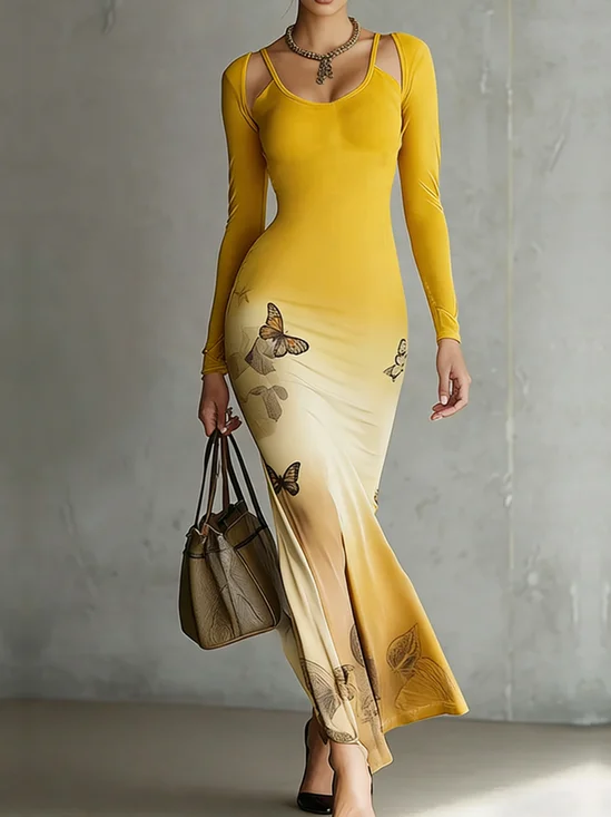 Elegant Butterfly Crew Neck Maxi Dress
