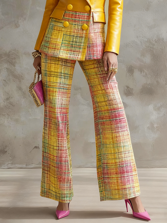 Urban Geometric Plaid Straight-Leg Pants