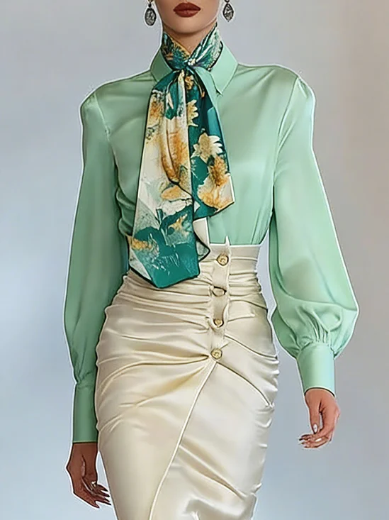 Satin Elegant Floral Printing Tie Shirt Collar Shirt With Scarf