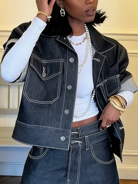Casual Buttoned Plain Lapel Collar Denim Coat