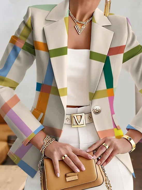 Urban  Printing Plaid Lapel Collar Blazer