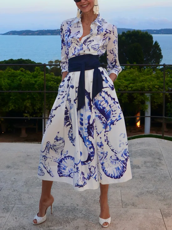 Casual Random Print Printing Shirt Collar Midi Dress With Belt